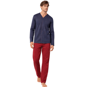 Pigiama uomo intimo blu e rosso aperto con bottoni in cotone 