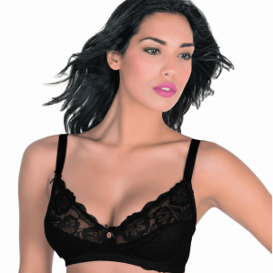Reggiseno donna nero intimo Aris 1834 in microfibra e pizzo senza ferretto, coppa D con fodera in cotone.